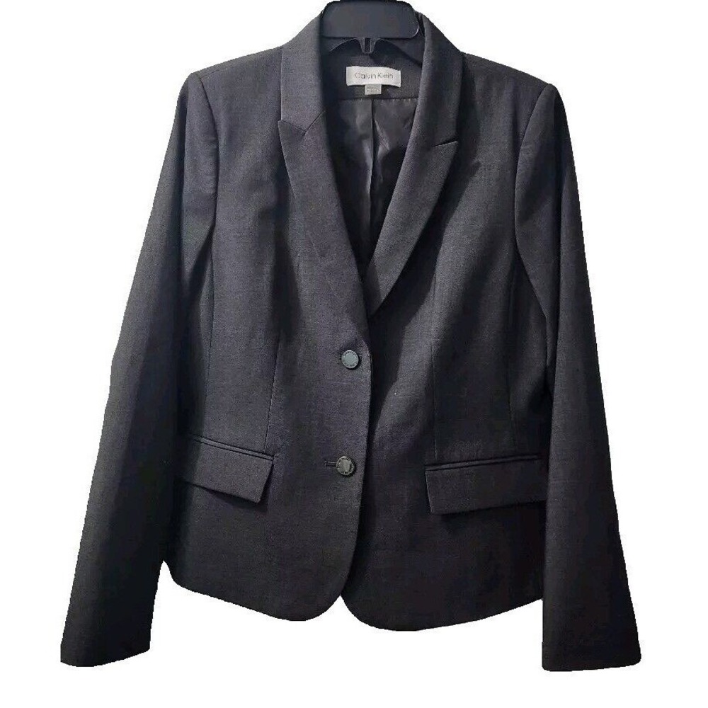 Calvin Klein Blazer Jacket Career Office Workwear Gray Petite Size 14P
